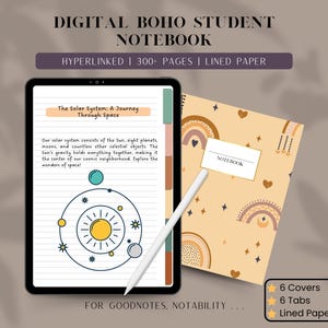 Könnte beinhalten: Digitales Boho-Schüler-Notizbuch mit 6 Covern, 6 Laschen und liniertem Papier. Der Einband hat einen beigefarbenen Hintergrund mit Regenbogen-, Stern- und Herzmustern. Das Notizbuch ist kompatibel mit den Apps Goodnotes und Notability.