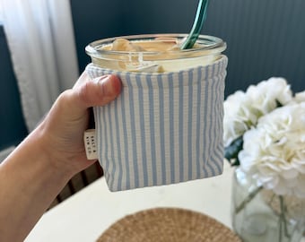 Weck Jar Koozie – Reusable Fabric Sleeve for 742 1/2 Liter Tall Jar, Insulated Jar Cover, Blue Striped | Upcycled Fabric