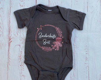 magical Christmas time captured on a bodysuit, grey with rosé glittering print, for 0-6 months