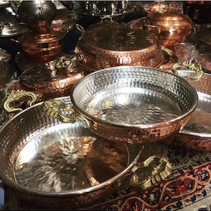 Türkische 3-teilige Kupferpfannen / geschmiedete Kupferpfanne mit Doppelgriff / Braten, Rührei / Kupferpfannenset, Weihnachtsgeschenke, Thanksgiving-Dinner
