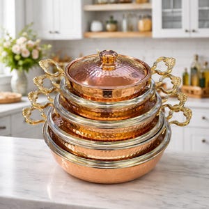 Handmade Copper Cookware Set with Brass Handles,Double Handled Copper Skillet Pan with Lid,Serving Pan, Mother’s Day Gift,Summer Home Gift image 14