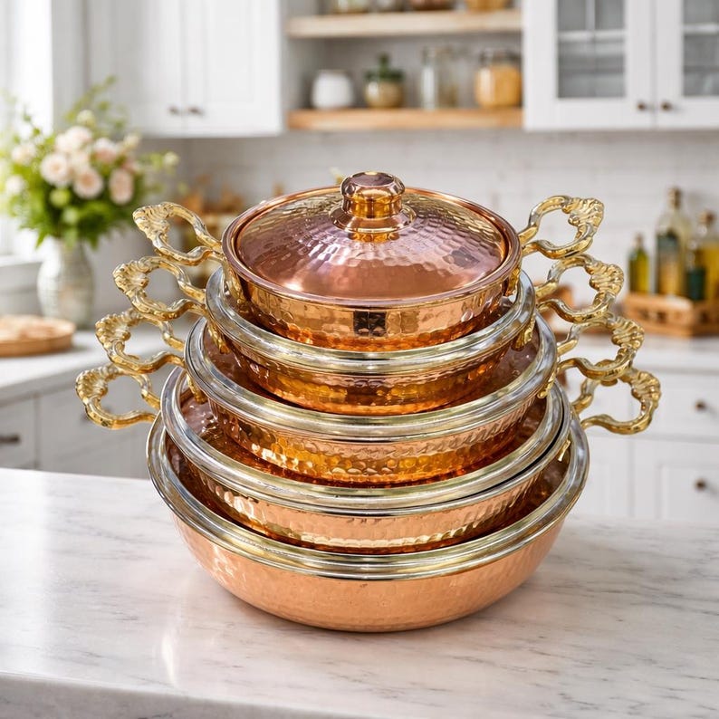 Handmade Copper Cookware Set with Brass Handles,Double Handled Copper Skillet Pan with Lid,Serving Pan, Mother’s Day Gift,Summer Home Gift image 14