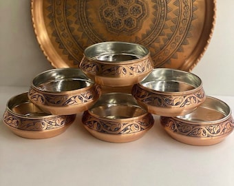 Handmade Copper Bowls Set, Embossed Dinnerware, Tinned Interior (10cm)