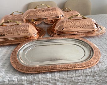 Copper Kebab Serving Plate, Food Serving Plate with Lid, Copper Serving Pot, Serving Tray, Ramadan Gifts, 5 Different Sizes