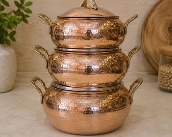 Olla de cobre puro, sartén de cobre gruesa hecha a mano con tapa y asa de latón, olla para cocinar, decoración de cocina, regalo para el Día de la Madre o para inauguración de casa.