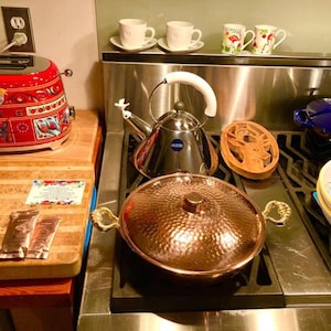 Handmade Copper Cookware Set with Brass Handles,Double Handled Copper Skillet Pan with Lid,Serving Pan, Mother’s Day Gift,Summer Home Gift image 10