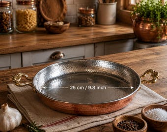 Handmade Turkish Copper Pan Set, 1mm Thick, Brass Handles (9.8-11.8 Inch)