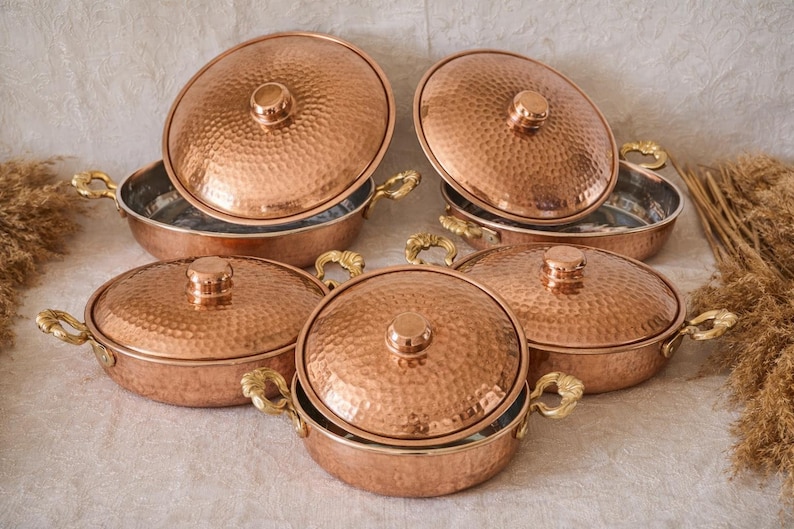 Handmade Copper Cookware Set with Brass Handles,Double Handled Copper Skillet Pan with Lid,Serving Pan, Mother’s Day Gift,Summer Home Gift image 6