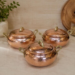 Handmade Copper Cookware Set, 3-Piece Tin Lined Pots, Brass Handles, Turkish Artisan Cookware, Safe, Mother’s Day Gift,Summer Home Gift