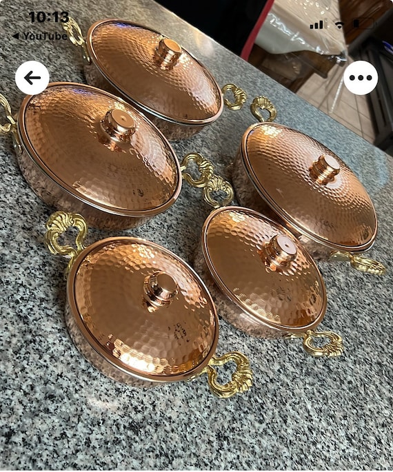 Handmade Copper Cookware Set with Brass Handles,Double Handled Copper Skillet Pan with Lid,Serving Pan, Mother’s Day Gift,Summer Home Gift