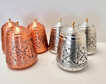 Hand Engraved Copper Jar Set of 3 | 1L Patterned Turkish Spice Canisters | Decorative Kitchen Storage | Christmas Gift | Handmade Art