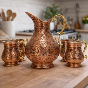 Handmade Copper Jug Set,Copper Cup with Brass Handle,Copper Serving Glass,Antiqued Copper Jug Set, Kitchen Decoration,Christmas Gifts image 1