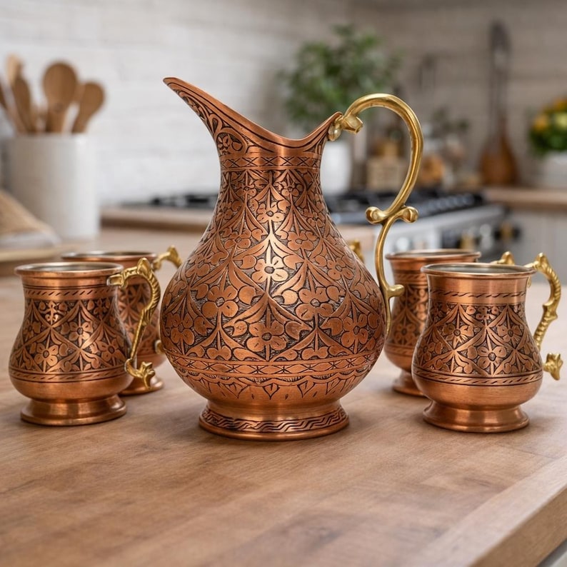 Handmade Copper Jug Set,Copper Cup with Brass Handle,Copper Serving Glass,Antiqued Copper Jug Set, Kitchen Decoration,Christmas Gifts image 1