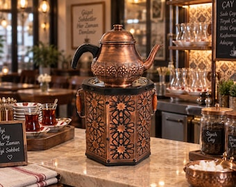 Handmade Antiqued Copper Samovar with Teapot, Engraved Turkish Tea Server (1L/4L)