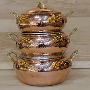 3-Piece Handmade Copper Cookware Set |1 mm Tin-Lined Pots with Brass Handles | Turkish Artisan Cookware |Fire & Oven Safe |Housewarming Gift