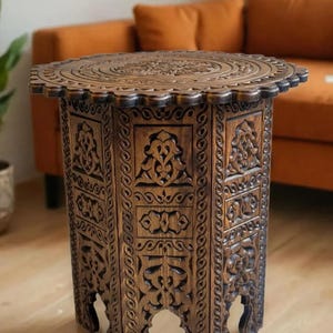 Hand Carved Folding Coffee Table – Round Wooden Side Table–Traditional Turkish Craft –Rustic Living Room Decor – Summer Gift ,Christmas Gift