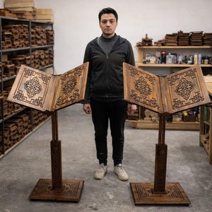 Extra Large Adjustable Wooden Quran Stand with 360 Degree Wheels Rolling Personalized Rehal for Big Books, Portable, Ramadan Gift for Muslim