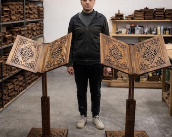Extra grote verstelbare houten koranstandaard met 360 graden wielen rollend gepersonaliseerde rehaling voor grote boeken, draagbaar, ramadancadeau voor moslim