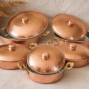Handmade Copper Cookware Set with Brass Handles,Double Handled Copper Skillet Pan with Lid,Serving Pan, Mother’s Day Gift,Summer Home Gift image 13