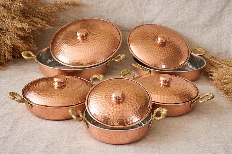 Handmade Copper Cookware Set with Brass Handles,Double Handled Copper Skillet Pan with Lid,Serving Pan, Mother’s Day Gift,Summer Home Gift image 13