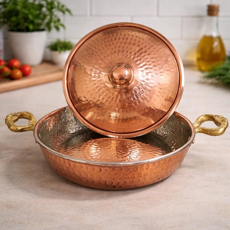 Handmade Copper Cookware Set with Brass Handles,Double Handled Copper Skillet Pan with Lid,Serving Pan, Mother’s Day Gift,Summer Home Gift image 11