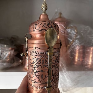 Copper Coffee Pot, Copper Jar With Spoon, Embroidered Copper Jar With Lid, Coffee Storage Container, Valentine&#39;s Day Gift,Christmas Gifts