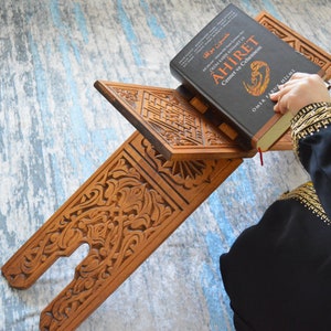 Wooden Quran Holder, Bible Stand,Ramadan Gift,Foldable Reading Table,Desktop Engraved Quran Stand,Book Reading Stand,Gift for Muslims image 1