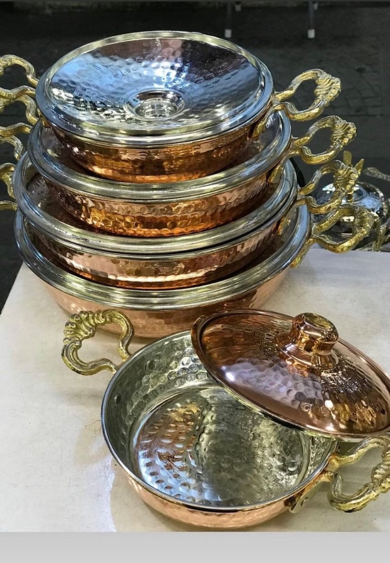 Handmade Copper Cookware Set with Brass Handles,Double Handled Copper Skillet Pan with Lid,Serving Pan, Mother’s Day Gift,Summer Home Gift image 8
