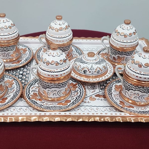 Türkisches handgemachtes reines Kupfer Kaffeetassen-Set, 6-teiliges Kupfer-Getränketassen-Set, reine Kupfergeschenke, handgemachtes Kupfer-Kaffeeset, Weihnachtsgeschenk