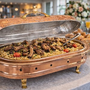 Heated Copper Kebab Serving Plate,Food Serving Plate with Lid,Heated Copper Serving Pot, 19”(50cm) Footed Food Summer Gift ,Christmas Gift