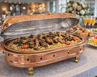Heated Copper Kebab Serving Plate,Food Serving Plate with Lid,Heated Copper Serving Pot, 19”(50cm) Footed Food Summer Gift ,Christmas Gift