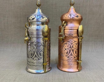 Caffettiera in rame, barattolo in rame con cucchiaio, barattolo in rame ricamato con coperchio, contenitore per la conservazione del caffè, regalo di San Valentino, regali di Natale