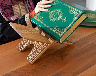 Handmade Wooden Folding Quran-Bible Stand,Bookshelf with Natural Wood Burning Pattern,Valentine&#39;s Day Gift, Islamic Gifts, Gifts for Muslims