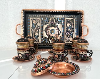 Handmade Turkish Copper Tea Set with Tray & Glasses – 2/4/6 Person Ottoman Serving Set, Engraved Copper Lokum Dish, Perfect Christmas Gift