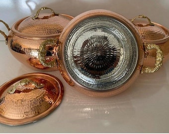 Handmade Copper Cookware Set – 3 Piece Tin Lined Turkish Pots with Lids | Ramadan Gift | Housewarming Gift | Traditional Copper Kitchen Set