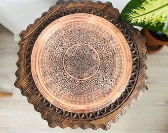 Turkish Copper Serving Tray–15.7/40 cm Round Ottoman Style Serving Platter – Copper Serving Tray for Kitchen, Mother’s Day Housewarming Gift
