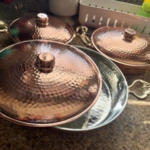 Handmade Copper Cookware Set with Brass Handles,Double Handled Copper Skillet Pan with Lid,Serving Pan, Mother’s Day Gift,Summer Home Gift 7.8 - 8.6 - 9.8 ınch
