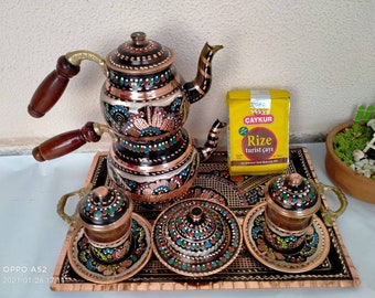 Türkisches Kupfer Handgefertigtes Reines Kupfer Zuckerdose Tee Set, Gestickte Teekanne, Kupfer Blumenmuster, Osmanisches Kupfer Tee Set, Weihnachtsgeschenke