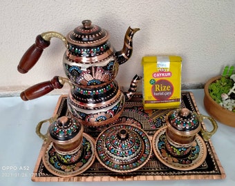 Turkish Copper Handmade Pure  Copper Sugar Bowl Tea Set,Embroidered Teapot,Copper Floral Pattern,Ottoman Copper Tea Set ,Christmas Gifts