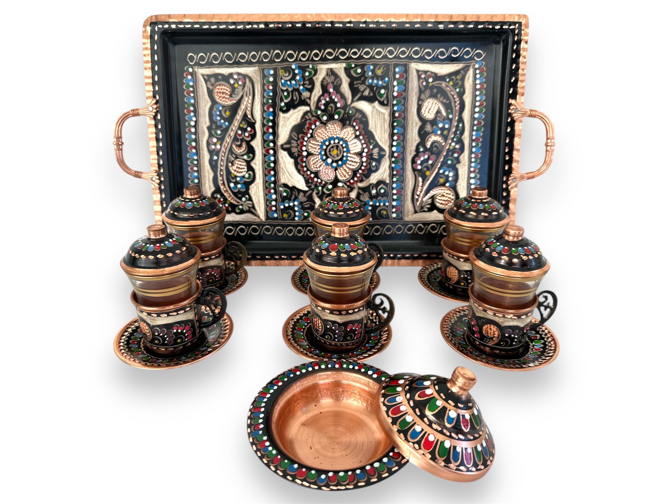 Handmade Turkish Copper Tea Set With Tray & Glasses – 2/4/6 Person ...