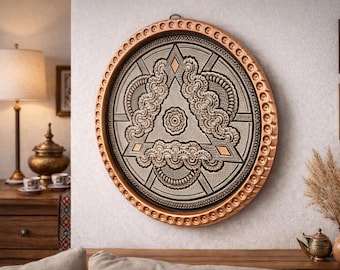 Large Handmade Round Copper Serving Tray 43 cm 16.9 Inch Vintage Ottoman Wall Decor Authentic Kitchen Decor, Ramadan Gift ,Housewarming Gift