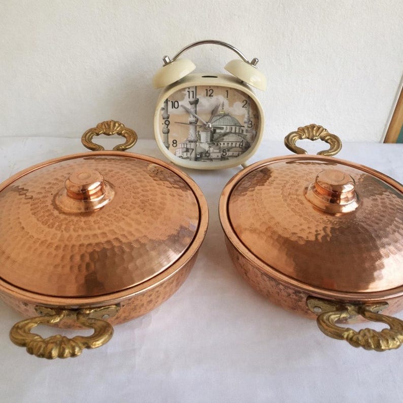 Handmade Copper Cookware Set with Brass Handles,Double Handled Copper Skillet Pan with Lid,Serving Pan, Mother’s Day Gift,Summer Home Gift image 12