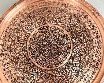 Turkish Handmade Copper Serving Tray/Thick Carved Copper Serving Tray/Large Copper Tray/Presentation Tray,Kitchen,12.9”Christmas Gifts