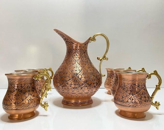 Handmade Copper Jug Set,Copper Cup with Brass Handle,Copper Serving Glass,Antiqued Copper Jug Set, Kitchen Mother’s Day , Housewarming Gift