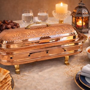 Verwarmde koperen serveerschaal voor kebab, serveerschaal voor eten met deksel, verwarmde koperen serveerpot, dienblad op voet, ramadan, 5 verschillende maten