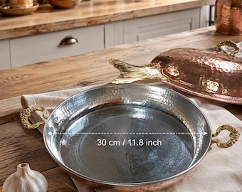 Large Thick Turkish Copper Pans/Double Handled Forged Copper Pan/Frying, Omelette Pan/Copper Pan Set, Dinner Pan,Christmas Gift 9.8 - 11.8'