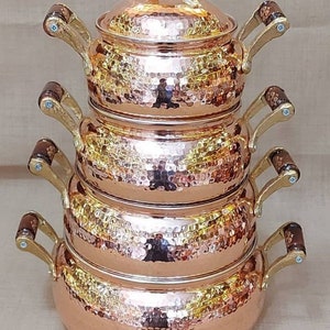 Handmade 4-Piece Copper Cookware Set | 2mm Thick Tin-Lined Pots with Brass Handles | Turkish Artisan Gift | Fire & Oven Safe