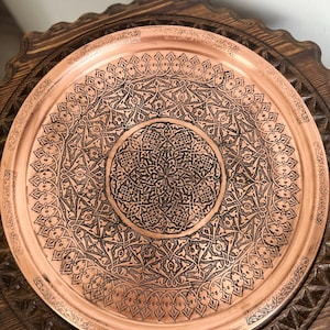 Turkish Handmade Copper Serving Tray/Thick Carved Copper Serving Tray/Large Copper Tray/Presentation Tray,Kitchen,12.9”Christmas Gifts