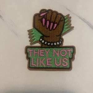 May include: An embroidered patch featuring a brown fist raised in the air with pink fingernails and a white beaded bracelet. Behind the fist is a green jagged shape. Below, a green rectangular banner contains the pink text THEY NOT LIKE US.