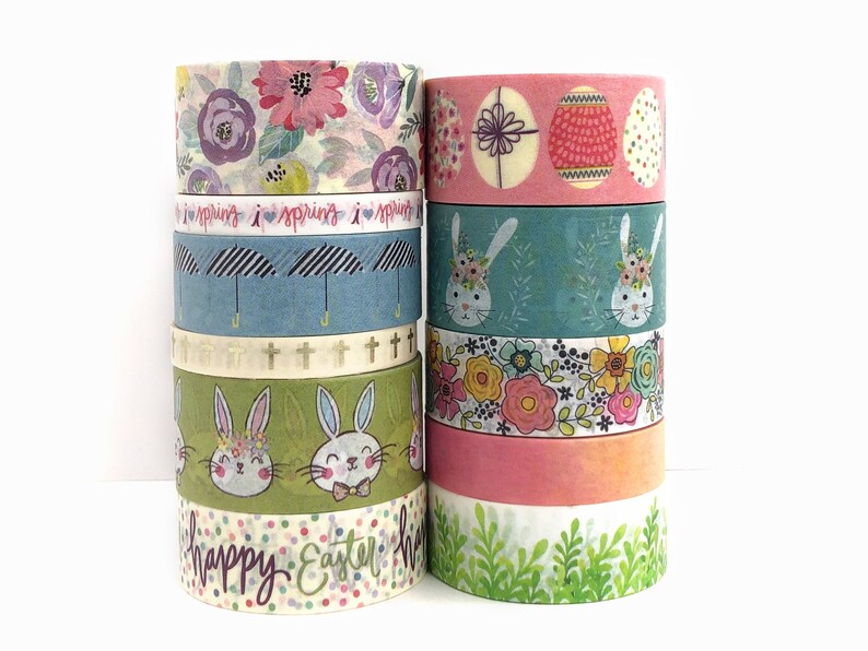 Easter Washi Tape Rolls 5 Yards, Spring Floral Washi Tape, Bunnies / Umbrellas / Crosses image 1